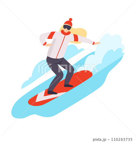 Flat vector illustration of snowboarding woman isolated on white background. 110283735