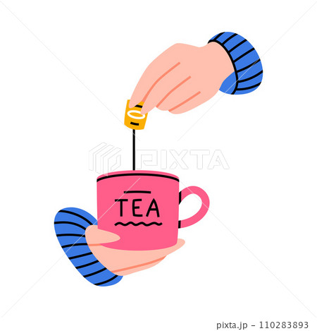 Hands Holding Cup with Hot Tea Drink Brewing with Teabag Vector Illustration Hands Holding Cup with Hot Tea Drink Brewing with Teabag Vector Illustration 110283893