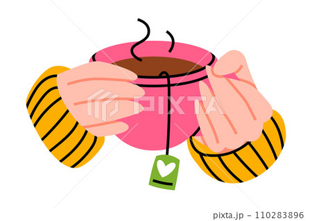 Hands Holding Cup with Hot Tea Drink Brewing with Teabag Vector Illustration Hands Holding Cup with Hot Tea Drink Brewing with Teabag Vector Illustration 110283896