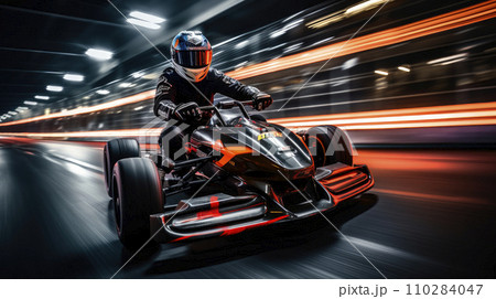 Carting competitions. Driver in helmet on kart circuit. 110284047