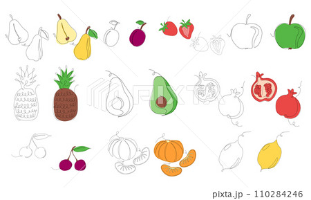 Set of fruits and berries in continuous line art drawing style. Fruits minimalist black linear sketch and colored sketch isolated on white background. Vector illustration Set of fruits and berries in continuous line art drawing style. Fruits minimalist black linear sketch and colored sketch isolated on white background. Vector illustration 110284246