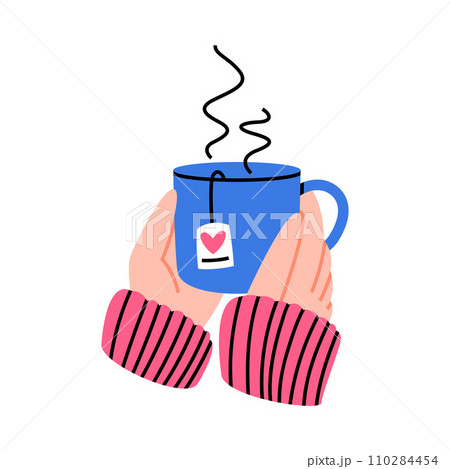 Hands Holding Cup with Hot Tea Drink Brewing with Teabag Vector Illustration Hands Holding Cup with Hot Tea Drink Brewing with Teabag Vector Illustration 110284454