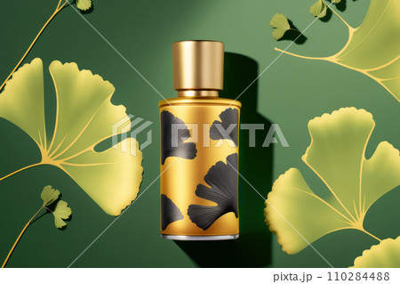 A beautiful glass bottle with herbal perfumes and ginkgo biloba leaves A beautiful glass bottle with herbal perfumes and ginkgo biloba leaves 110284488