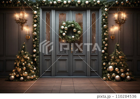 Christmas door wreath, a winter holidays symbol of unending circle of life 110284536