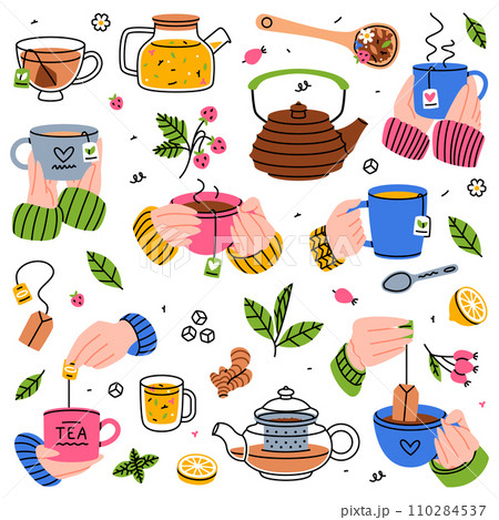 Aromatic Tea Brewing with Teabag, Hands Hold Mug with Hot Drink and Teapot Vector Set 110284537