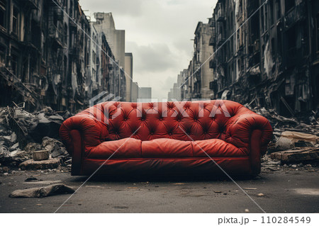 Red vintage leather sofa on the street of war destroyed city 110284549