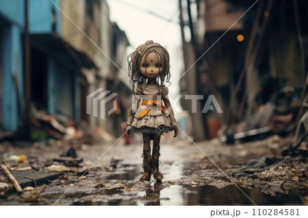 Frightened old dirty doll standing on a street of War destroyed city. Horribleness of war. 110284581