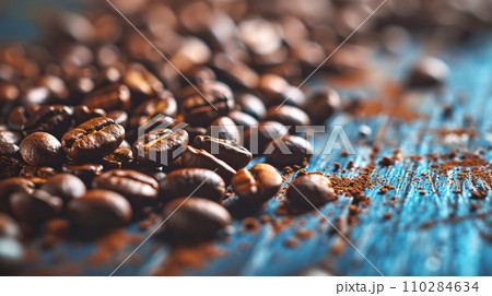 Image of fresh roasted coffee beans with minimalistic concept and copy-space on the side. 110284634