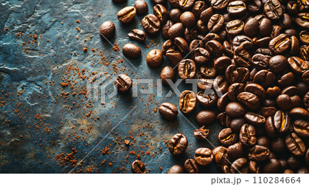 Image of fresh roasted coffee beans with minimalistic concept and copy-space on the side. 110284664