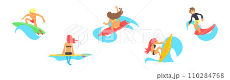 Man and Woman Surfer Character Ride Ocean Wave Vector Set 110284768
