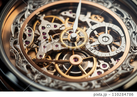 Closeup of clock mechanism gears, time and deadline concept. Vintage watch machinery detail. 110284786