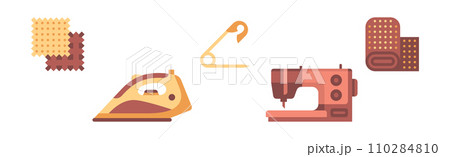 Sewing Tool and Equipment with Pin, Machine, Clothes and Iron Vector Set 110284810