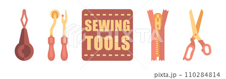 Sewing Tool and Equipment with Ripper, Zipper and Scissors Vector Set 110284814