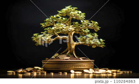 Bonsai tree and golden coins on a black background 110284863