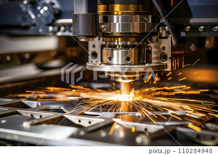Automatic cnc laser cutting machine working with sheet metal with sparks at factory 110284948