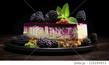 Plate with a piece of delicious blackberry cake with a cream cheese 110284955