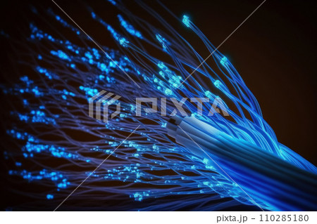 Extremely close-up of an optical cable with glowing fibers. Generated by AI. Extremely close-up of an optical cable with glowing fibers. Generated by AI. 110285180