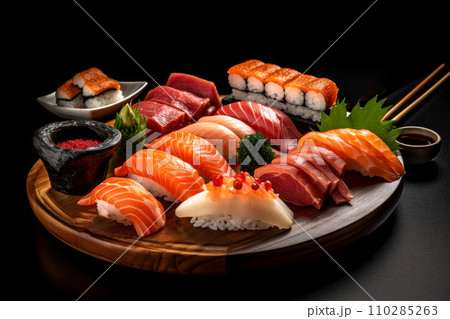 Traditional Japanese dish on a black background. Delicious fresh rolls, sushi, sashimi Traditional Japanese dish on a black background. Delicious fresh rolls, sushi, sashimi 110285263