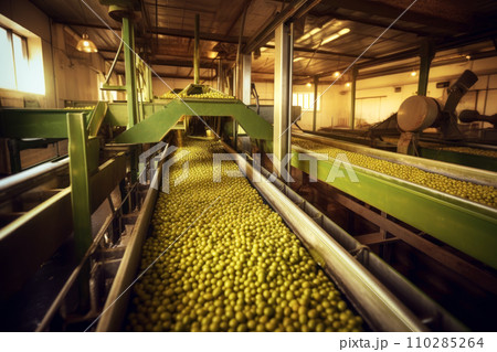 Green large delicious olives are moved in conveys. Generated by AI. 110285264
