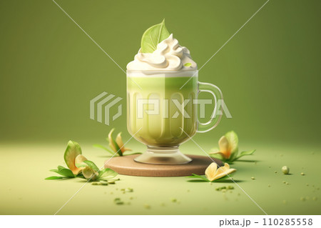Delicious matcha latte with fluffy foam in a transparent glass with green tea leaf powder Delicious matcha latte with fluffy foam in a transparent glass with green tea leaf powder 110285558