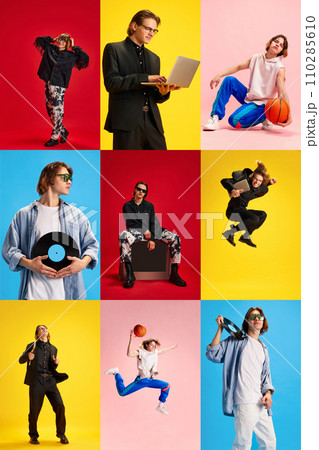 Collage made of portrait of positive and cheerful man in different fashion style clothes over multicolored backgrounds. Concept of human emotions, active lifestyle. Ad Collage made of portrait of positive and cheerful man in different fashion style clothes over multicolored backgrounds. Concept of human emotions, active lifestyle. Ad 110285610