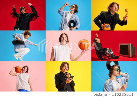 Collage. Portrait of young attractive man in different and fashionable outfits against multicolored vivid background. Concept of active lifestyle and happiness, ad Collage. Portrait of young attractive man in different and fashionable outfits against multicolored vivid background. Concept of active lifestyle and happiness, ad 110285611