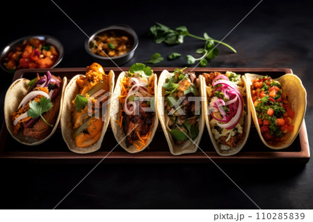 Traditional Mexican dish. Delicious tacos with guacamole and chili. 110285839