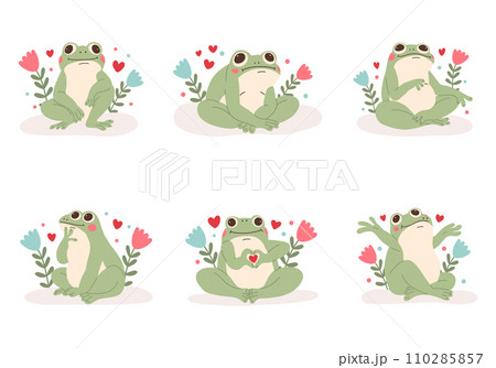 Collection of funny frog characters for Valentine's day. Funny thoughtful frog. Green toad in love.  110285857