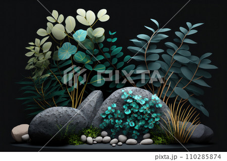 Beautiful natural minimalistic composition with textured stones, fern leaves and moss Beautiful natural minimalistic composition with textured stones, fern leaves and moss 110285874