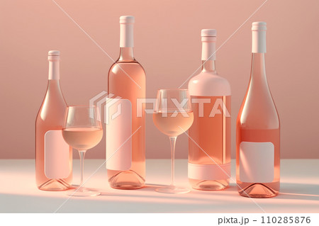 Exquisite glass bottle of rose wine with an empty label lies on a round table 110285876