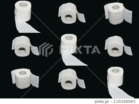 Collage of photographs depicting toilet paper rolls. 110286063