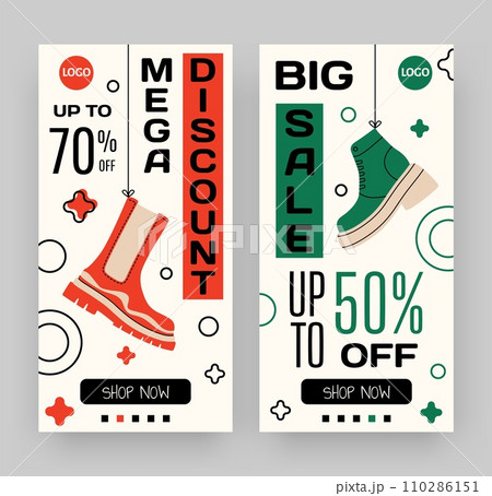Shoes discount. Social media promotion post. Store special offer. Trendy boots. Footwear mega sale advertising. Seasonal clothing merchandise. Shopping web promo. Vector online shop banners design set Shoes discount. Social media promotion post. Store special offer. Trendy boots. Footwear mega sale advertising. Seasonal clothing merchandise. Shopping web promo. Vector online shop banners design set 110286151