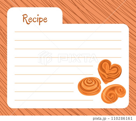 Bakery recipe. Cookbook sheet. Blank paper page. Culinary notebook. Cake cooking. Sweet bun and pretzel. Pastry preparation. Baking reminder. Homemade dessert. Ingredients list. Vector note design 110286161