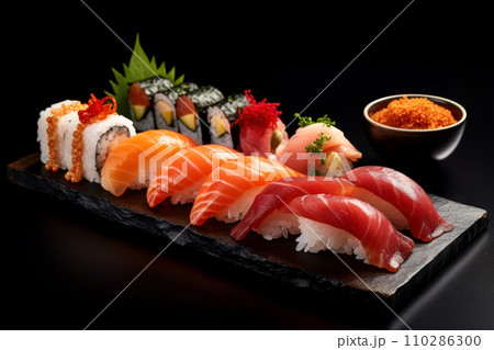 Traditional Japanese dish on a black background. Delicious fresh rolls, sushi, sashimi Traditional Japanese dish on a black background. Delicious fresh rolls, sushi, sashimi 110286300