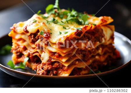 Close-up of a piece of lasagna with meat, cheese and bolognese sauce. Generated by AI. 110286302