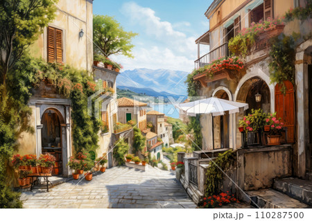 AI-generated content. A picturesque Mediterranean village scene with quaint cobblestone pathways leading past old houses  110287500