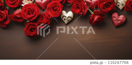 AI-generated content. Roses Bouquet and Hearts background. Valentine's Day or wedding background 110287706