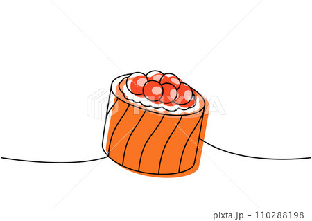 Ikura sushi, tobiko maki sushi one line colored continuous drawing. Japanese cuisine, traditional food continuous one line illustration. Ikura sushi, tobiko maki sushi one line colored continuous drawing. Japanese cuisine, traditional food continuous one line illustration. 110288198