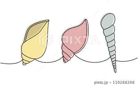 Mollusks. Sea shells, mollusks, scallop, pearls. Tropical underwater shells continuous one line illustration. Vector minimalist linear illustration. 110288208