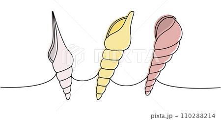 Sea shells. Sea shells, mollusks, scallop, pearls. Tropical underwater shells continuous one line illustration. Vector minimalist linear illustration. Sea shells. Sea shells, mollusks, scallop, pearls. Tropical underwater shells continuous one line illustration. Vector minimalist linear illustration. 110288214