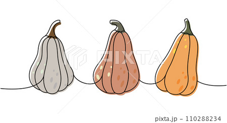 Autumn halloween pumpkins. Pumpkins set one line colored continuous drawing. Autumn halloween vegetables continuous one line illustration. 110288234