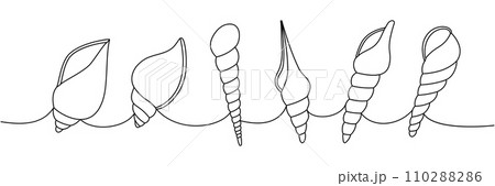 Mollusks set. Sea shells, mollusks, scallop, pearls. Tropical underwater shells continuous one line illustration. Vector minimalist illustration. 110288286
