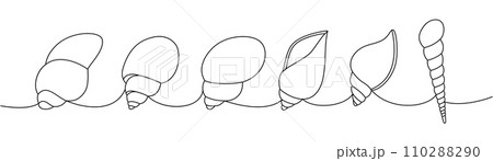 Set of sea shells. Sea shells, mollusks, scallop, pearls. Tropical underwater shells continuous one line illustration. Vector minimalist illustration. Set of sea shells. Sea shells, mollusks, scallop, pearls. Tropical underwater shells continuous one line illustration. Vector minimalist illustration. 110288290
