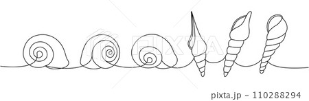 Scallop sea shells set. Sea shells, mollusks, scallop, pearls. Tropical underwater shells continuous one line illustration. 110288294