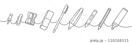 Set of school supplies. Back to school. Marker pens, pencils, chalk pencil, crayons, pencil sharpener, push pins, thumbtack, paper clip, rubber eraser 110288315