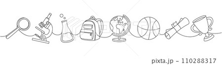 School supplies set. Back to school one line continuous drawing. Backpack, schoolbag, globe, basketball ball, magnifying glass, microscope, test tubes School supplies set. Back to school one line continuous drawing. Backpack, schoolbag, globe, basketball ball, magnifying glass, microscope, test tubes 110288317