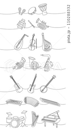 Musical instruments. Djembe drum, bongo, maracas, xylophone, flute, trumpet, lute, violin, bandura, tuba, french horn, saxophone, guitar. 110288332