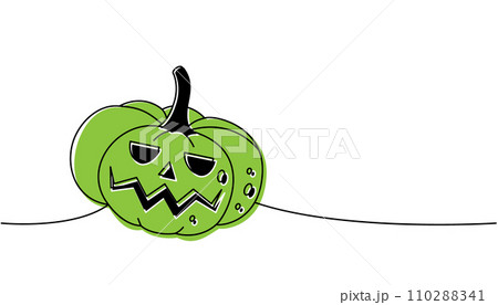 Pumpkin scary face, autumn vegetable one line colored continuous drawing. Halloween pumpkin face continuous one line illustration. Vector illustration 110288341