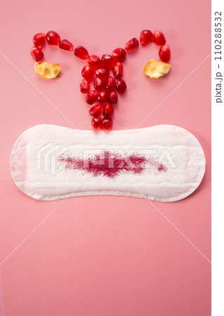 Feminine hygiene pad with and uterus made of pomegranatered. First menstrual period concept on pink background Feminine hygiene pad with and uterus made of pomegranatered. First menstrual period concept on pink background 110288532