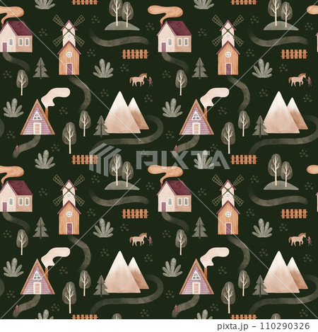 Watercolor farm houses. Cartoon hand drawn illustration. Village landscape. Seamless pattern Watercolor farm houses. Cartoon hand drawn illustration. Village landscape. Seamless pattern 110290326